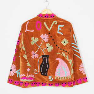 Women Velvet Embroidered <b>Jacket</b> Mandarin Collar Lantern Sleeve Floral Boho Style Autumn Coat Handmade Suzani <b>Pattern</b> - Product Image 4