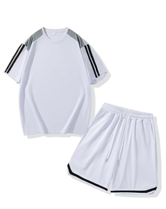 Men White Solid Summer Breathable Quick Dry Crew Neck T-Shirt Set Knitted Short Sleeve Casual Shorts Sport Wear Polyester/Cotton - Product Image 3