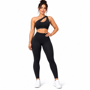 One Shoulder Yoga Bra Set High Waist Full Length Leggings Plus Size 2-Piece Customized Color Logo Activewear Solid <b>Black</b> Sportwe - Product Image 1
