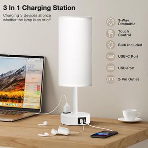 Lampada da Comodino Bianca Opaca Dimmerabile a 3 Modalità con Porte di Ricarica USB-C e Presa AC, Piccola Lampada da Scrivania con Design a Fiamma - Product Image 2