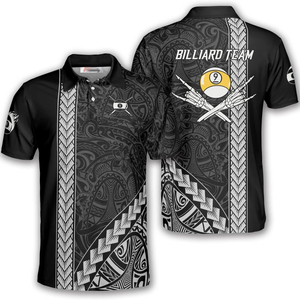 Polo à manches courtes pour homme Billiard Team, imprimé numérique, séchage rapide, vêtement de sport décontracté avec motif 9 boules et tribal - Product Image 1