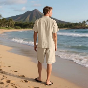 American-style Summer Suit Men's Short-sleeved Short Pants Linen Beach Casual Short-sleeved Shirt <b>Set</b> - Product Image 2