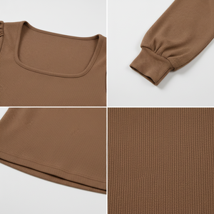 Haut côtelé à col carré et manches longues pour femme, coupe ajustée, extensible, respirant, en maille douce, pour le quotidien, vente en gros OEM - Product Image 5