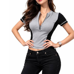 Camiseta Corta Ajustada de Manga Corta para Mujer con Cremallera Frontal, Top Casual Urbano, Camiseta Corta Sexy con Cremallera y Acanalado Ajustado - Product Image 1