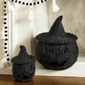 Cesta de calabaza de Halloween de junco marino tejida a mano con tapa, recipiente para dulces y portavelas, para adorno de fiesta de truco o trato - Product Image 4