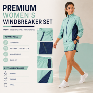 OEM ODM Women's Polyester Windbreaker 2-Piece <b>Shorts</b> Set Hooded Waterproof Eco-Friendly Quick Dry Full <b>Zip</b> Wholesale Clothing - Product Image 4