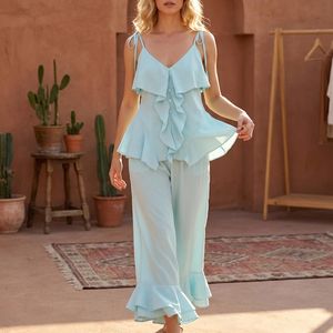 Women Solid Vintage Washed Short Ruffle Co-Ord Set Sleeveless <b>Cami</b> <b>Top</b> and Wide Leg Pants Summer Outfit 100% Cotton - Product Image 3