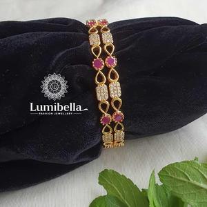 AD Ruby Gold Plated <b>Copper</b> Brass Charm <b>Bangle</b> with Zircon and Pearl - Product Image 3