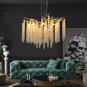 Lampadario a Sospensione Moderno Dorato da 24 Pollici con Fili di Cristallo a Cascata, Illuminazione di Alta Gamma per Soggiorno e Sala da Pranzo - Product Image 1