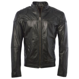 Men's Genuine Leather Moto Jacket <b>Stand</b> Collar Zipper Closure Solid Black Regular Fit Slim Style Autumn Wear - Product Image 4