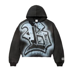 High Quality Men's Streetwear Vintage Solid Hoodies Custom 100% Cotton 430grams Washed Screen Print Regular Length <b>Zipper</b> - Product Image 2