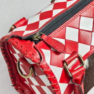Luxury Red <b>White</b> Diamond Pattern Leather Handbag Speedy <b>Bag</b> With Cowhide Panel Zipper Closure - Product Image 5