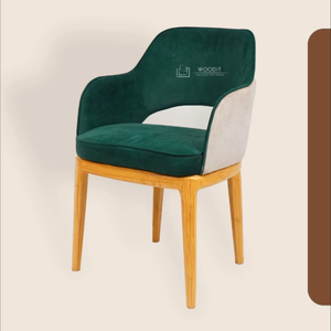 Nouvelle arrivée : fauteuil de salle à manger moderne du milieu du siècle, base en bois massif, quatre pieds, avec coussin et dossier en velours vert émeraude. - Product Image 2