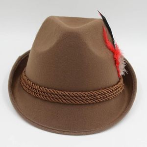 Sombrero Fedora de lana marrón con banda de cuerda y decoración de plumas, accesorio unisex para primavera y otoño, estilo europeo, accesorio para adultos - Product Image 4