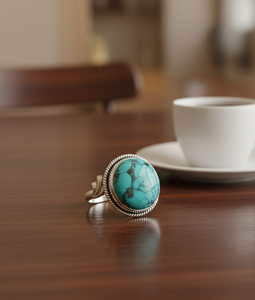 Natural Tibetan Turquoise 925 Sterling Silver <b>Ring</b> Handmade Round Cabochon <b>Statement</b> Vintage Boho Jewelry Gift for Women Unisex - Product Image 4