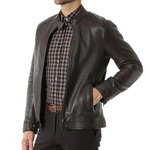 <b>Men's</b> Genuine <b>Leather</b> Moto <b>Jacket</b> Stand Collar Zipper Closure Slim Fit Black Regular Sleeve Autumn Wear - Product Image 3