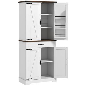 Armadio da Cucina Bianco Alto 180 cm con 6 Ripiani Regolabili e 2 Ante Scorrevoli, Dispensa Stile Rustico con Cassetto - Product Image 1