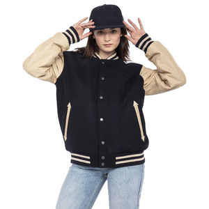 New Letterman Women's Varsity <b>Jacket</b> Black Beige Contrast Color Full Sleeve Turn-down Collar Autumn Wear - Product Image 1