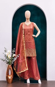 <b>Rust</b> orange fandy satin silk plazzo suit with multi thread sequence embroidery v neck <b>top</b> pant dupatta lace border party wear - Product Image 3