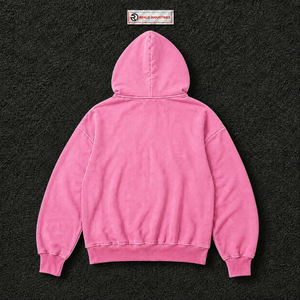 Sudadera con capucha rosa lavada de gran tamaño con cremallera completa, estilo vintage streetwear, corte holgado, con bolsillos delanteros dobles con parche. - Product Image 6