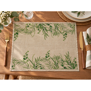 Set de table en lin de qualité supérieure avec imprimé de feuilles botaniques vertes |   Tapis de table décoratif rustique naturel - Product Image 1