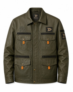 Veste en cuir vert olive pour homme, style workwear, col rabattu, design à patchs, coupe-vent, vêtement d'automne - Product Image 1