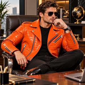 Premium Mens Orange for Pattern Leather Motorcycle Biker Jacket Breathable Winter <b>Belted</b> <b>Slim</b> Fit Zipper Closure - Product Image 6