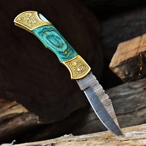 Handmade DIY Industrial Utility Folding Knife Damascus Steel Blade (Straight Edge) 3mm Brass+Wood Handle Drop Point <b>Leather</b> - Product Image 5