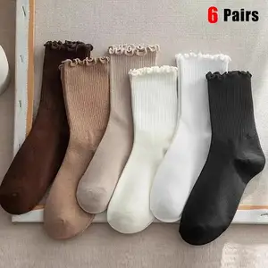 6 paires/lot de chaussettes mi-longues à volants pour femmes respirant couleur unie ensemble printemps et automne confort absorbant la sueur chaussettes pour filles