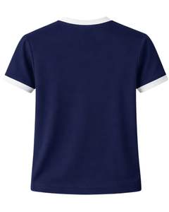 เสื้อยืดคอกลมสีน้ำเงินกรมท่าสำหรับผู้หญิง แต่งขอบคอและแขนเสื้อสีขาว ตัดเย็บแบบลำลอง แขนสั้น ผ้าฝ้าย เหมาะสำหรับฤดูร้อน - Product Image 5