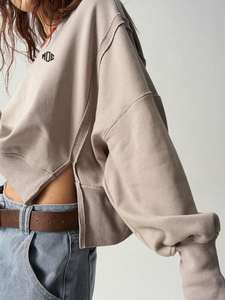 Sudadera Corta OEM para Mujer, Color Taupe, Cuello Redondo, Manga Larga, Panel con Abertura Lateral, Felpa Francesa, Estilo Oversize, Top de Moda Urbana, Marca Privada - Product Image 5