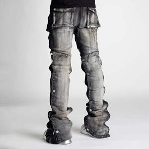 Pantalon cargo en jean pour homme, coupe ample, en coton délavé, style hip-hop, couleur unie avec décoration boutonnée, idéal pour l'automne - Product Image 5