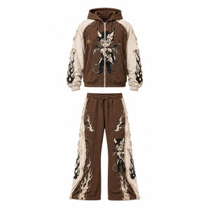 Ensemble de survêtement unisexe imprimé, sweat à capuche et pantalon de jogging, streetwear, manches longues, coupe ample, marron crème, motif flamme - Product Image 2
