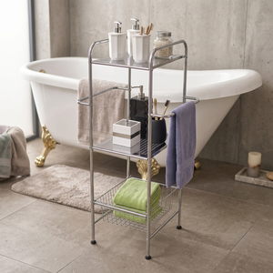 Étagère de rangement en métal à 3 niveaux avec barres porte-serviettes et panier pour l'organisation de la salle de bain, design minimaliste, forme rectangulaire - Product Image 1