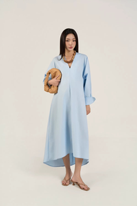 Robe décontractée mi-longue d'été en popeline 100 % coton à rayures complètes, col en V, manches classiques, coupe droite et ample - Product Image 5