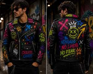 Veste de moto en cuir pour homme, style punk, imprimé graffiti, fermeture éclair, col rabattu, vêtement d'automne - Product Image 5