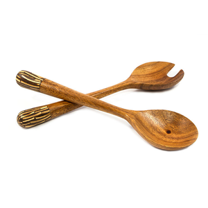 Juego de Cucharas para Ensalada de Madera Suar de Grado Alimenticio con Incrustaciones de Cáscara de Coco Blanca, Color Marrón Claro, Elegantes, Duraderas, Hechas a Mano - Product Image 1