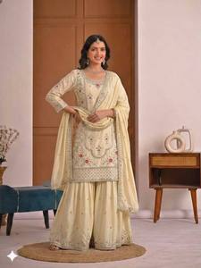 Traje Salwar Bordado en Crema para Mujer, Conjunto Kurti Palazzo Dupatta, Seda Artificial, Atuendo Festivo para Bodas y Fiestas - Product Image 3