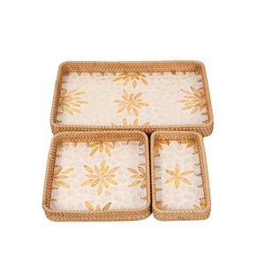 Plateau de service rectangulaire en nacre et rotin, motif floral, vente en gros pour l'hôtellerie, le stockage, les aliments et les boissons - Product Image 1