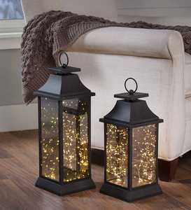 Lanterne en fer noir de luxe avec lumières LED féériques, porte-bougie sans flamme pour la décoration de la maison - Product Image 1