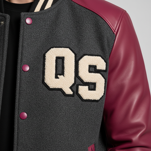 Veste de sport en laine et cuir sur mesure pour homme - Charbon, Magenta et Crème - Broderie en chenille - Product Image 3
