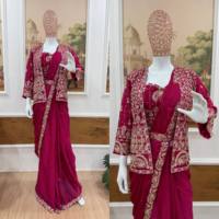 Sari en soie Rangoli avec dentelle, broderie artisanale, chemisier brodé, veste Koti cousue, prêt-à-porter, tenue festive fusion pour femme
