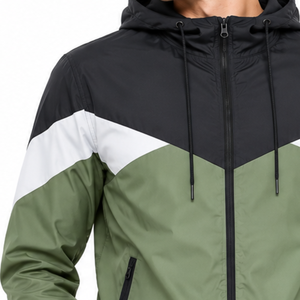 Chaqueta cortavientos para hombre con diseño de paneles en chevron, impermeable, verde oliva, negro, tricolor, ropa deportiva para exteriores, con capucha y cremallera. - Product Image 3