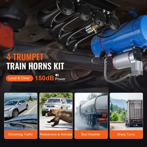 Kit de 4 klaxons de train pour camionnettes, klaxons à air 150 dB avec compresseur d'air 12 V 120 psi et réservoir de 1,6 gallon/6 L, accessoire automobile - Product Image 2