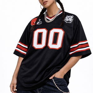 เสื้อฟุตบอลอเมริกันผู้ชายขนาดใหญ่พิเศษสีดำแดง คอวี ผ้าโพลีเอสเตอร์ตาข่าย ชุดทีม ผลิตตามสั่ง OEM ผลิตจำนวนมากจากโรงงาน - Product Image 5