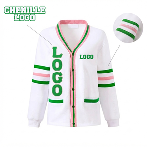 <b>Custom</b> White Fleece Cardigan Unisex Fit White Green Pink Button Front Premium Casual Varsity Style Greek Apparel - Product Image 1