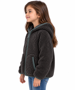 Veste à capuche doublée en polaire sherpa gris anthracite pour enfants, chaude, hiver, fermeture éclair intégrale, Teddy Borg, confortable et moelleuse, pour filles et garçons - Product Image 2