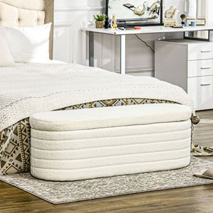 Panca Moderna per Camera da Letto 46 Pollici, Bianco Crema, Rivestita in Pile Teddy, con Cuscino Spesso Imbottito e Struttura in Legno - Product Image 2