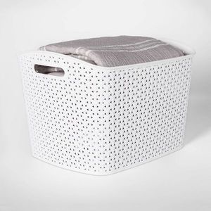 XL Curved Decorative Storage <b>Basket</b> Y Weave White <b>Plastic</b> Bin Nesting Cut Out Handles 11\" Cube Compatible Woven <b>Baskets</b> - Product Image 3