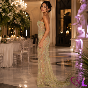 Vestido de noche largo hasta el suelo, bordado a mano, color verde oliva, estilo sirena |   Vestido de fiesta de diseñador sin tirantes con sujetador incorporado |   Formal - Product Image 4